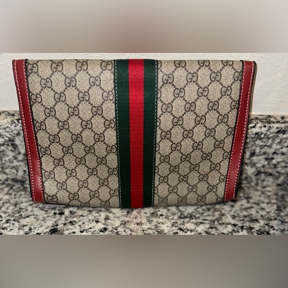 GUCCI GG Canvas Sherry Line Clutch Bag PVC Leather Red - Picture 2 of 3